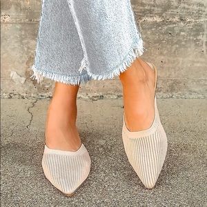 Lulu’s Jeaney Light Nude Ribbed Knit Pointed-Toe Mule Slides
